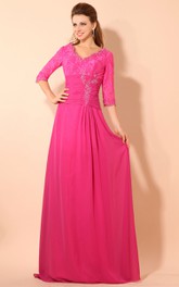 V-Neckline Ruched Waist Lace Short-Sleeve Floor-Length Dress