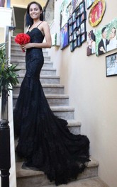 Chapel Train Straps Black Wedding Dress Mermaid-Trumpet Sleeveless Open Back With Appliques Lace