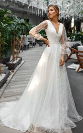 Charming Organza A Line V-neck Court Train Wedding Dress with Ruching