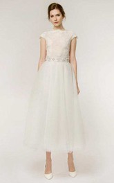 A-Line Tea-Length Cap Sleeve Lace Tulle Wedding Dress