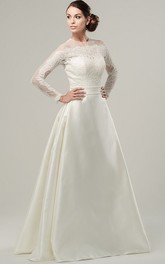 Jewel-Neck Long Sleeve A-line Satin Wedding Dress With Appliques