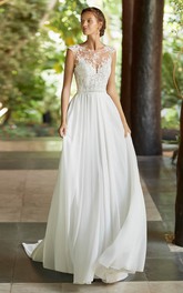 Ethereal Cap Sleeve Lace Chiffon Wedding Dress With Deep V-back And Court Train