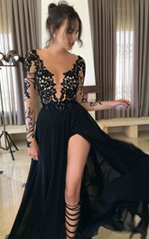 A-line Floor-length V-neck Illusion Long Sleeve Chiffon Dress with Appliques