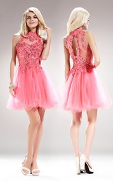 A-Line Sequined Appliqued Mini High-Neck Tulle Sleeveless Illusion Dress