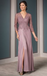 Lace 3-4-sleeve Split Front Mother of the Bride Dress