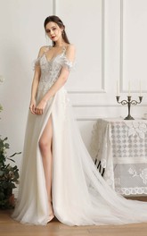 Sexy Front Split Lace Appliqued Wedding Dress With Straps And Off-the-shoulder Sleeves With Boning