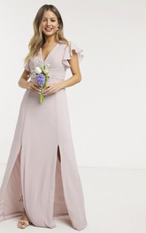 Ethereal V-neck Cap Sleeve Front Split Chiffon Bridesmaid Dress With Ruching Top
