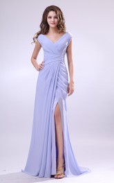 V-Neck Chiffon Pleated Dress With Criss-Cross Ruching and Front Splitting