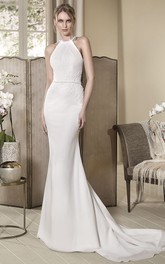 Sheath High Neck Lace Jersey Illusion Wedding Dress With Appliques