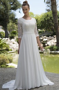 Informal Modest Beach Scoop Neck Lace Chiffon Wedding Dress With 3-4 Sleeves