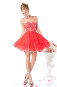 Multi-Color Backless Sleeveless Ruffled Jeweled A-Line Short Sweetheart Mini Strapless Dress