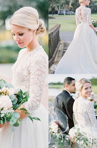 V-neck Lace Tulle Illusion 3/4 Length Sleeve Wedding Dress