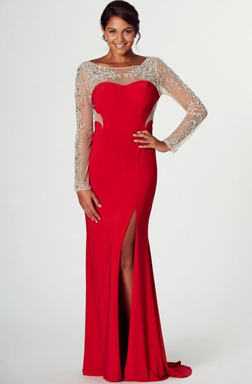red evening dress long sleeve