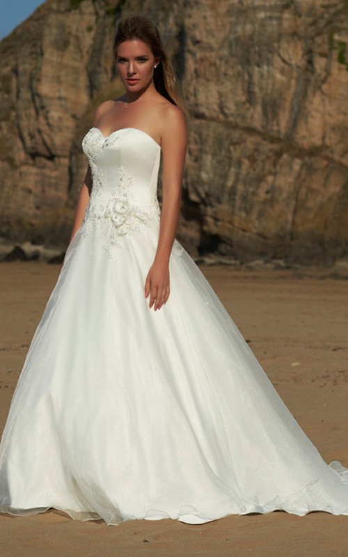 Sweetheart Satin A-line Ball Gown With Appliques And Sweep Train
