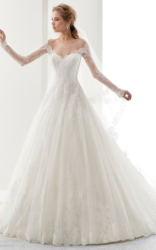 Bateau Illusion Long Sleeve A-line Ball Gown Wedding Dress With Appliques And Court Train