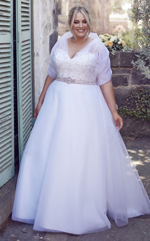 V-neck wrapped A-line Appliqued plus size wedding dress With Jeweled Waist And Tulle Overlay