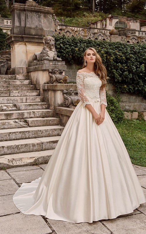 Off-the-shoulder Long A-line Satin Wedding Dress With Lace Bodice