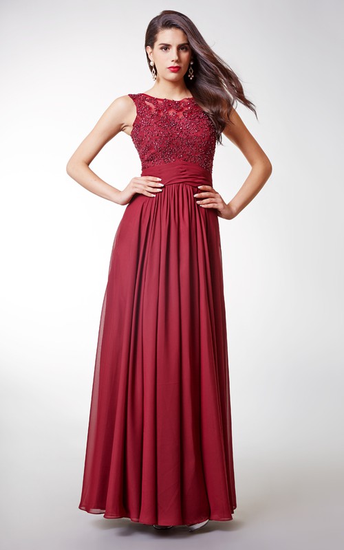 Scoop-neck Chiffon long Pleated Dress With Beaded top