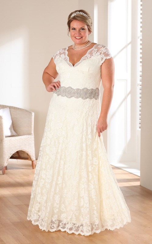 Plunged Cap-sleeve Lace plus size wedding dress With Jeweled Waist