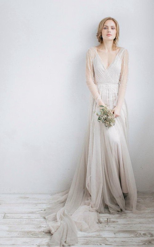 Illusion Rhinestone Wedding V-Neckline Long-Sleeve Tulle Gown