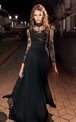 High Neck Illusion Long Sleeve Chiffon long Dress With Lace