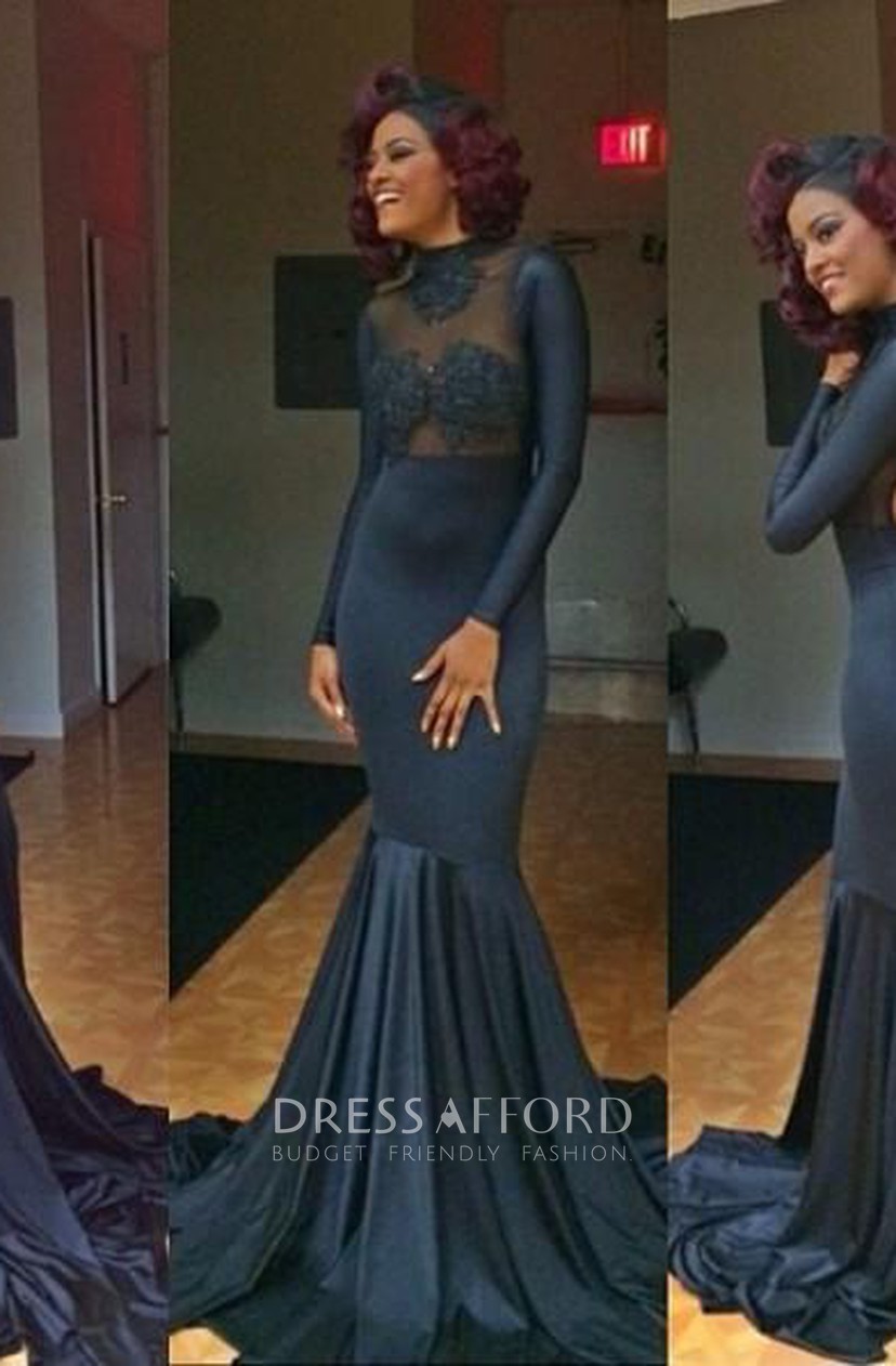 high neck long sleeve evening dress
